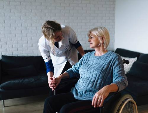 Respite care support with caregiver assisting elderly woman in wheelchair