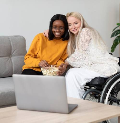 Two young women watching a movie together on a laptop